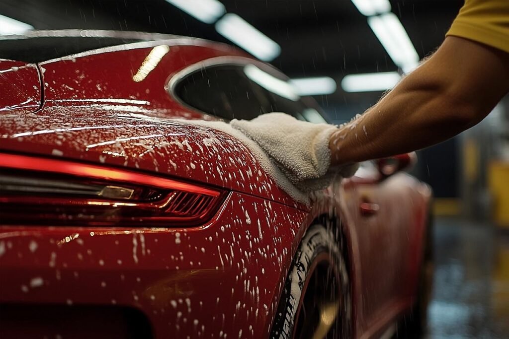 A close-up shot captures a person's hand meticulously washing a red car using a white cloth and soapy water, showcasing the care and attention to detail involved in automotive cleaning. The action is dynamic and highlights the sparkling finish of the car.